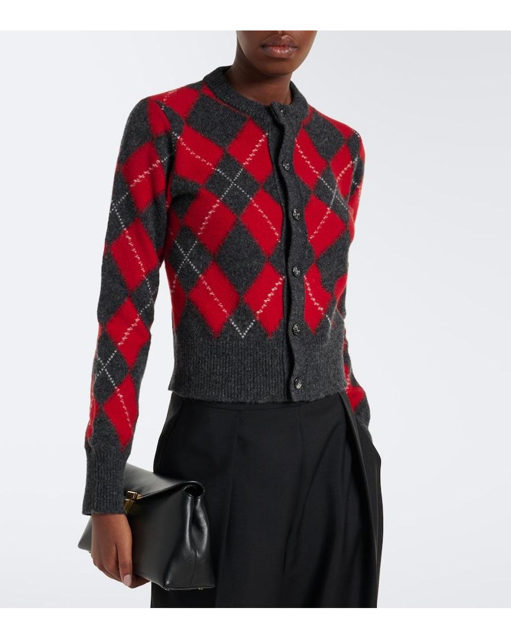 AMI Red Argyle Virgin Wool Cardigan