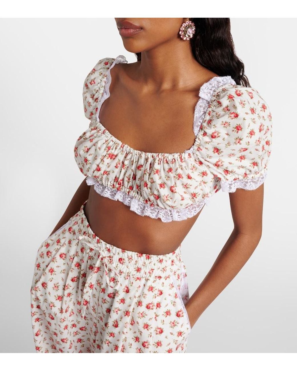 Dolce & Gabbana Pink Floral Lace-Trimmed Cotton Poplin Crop Top