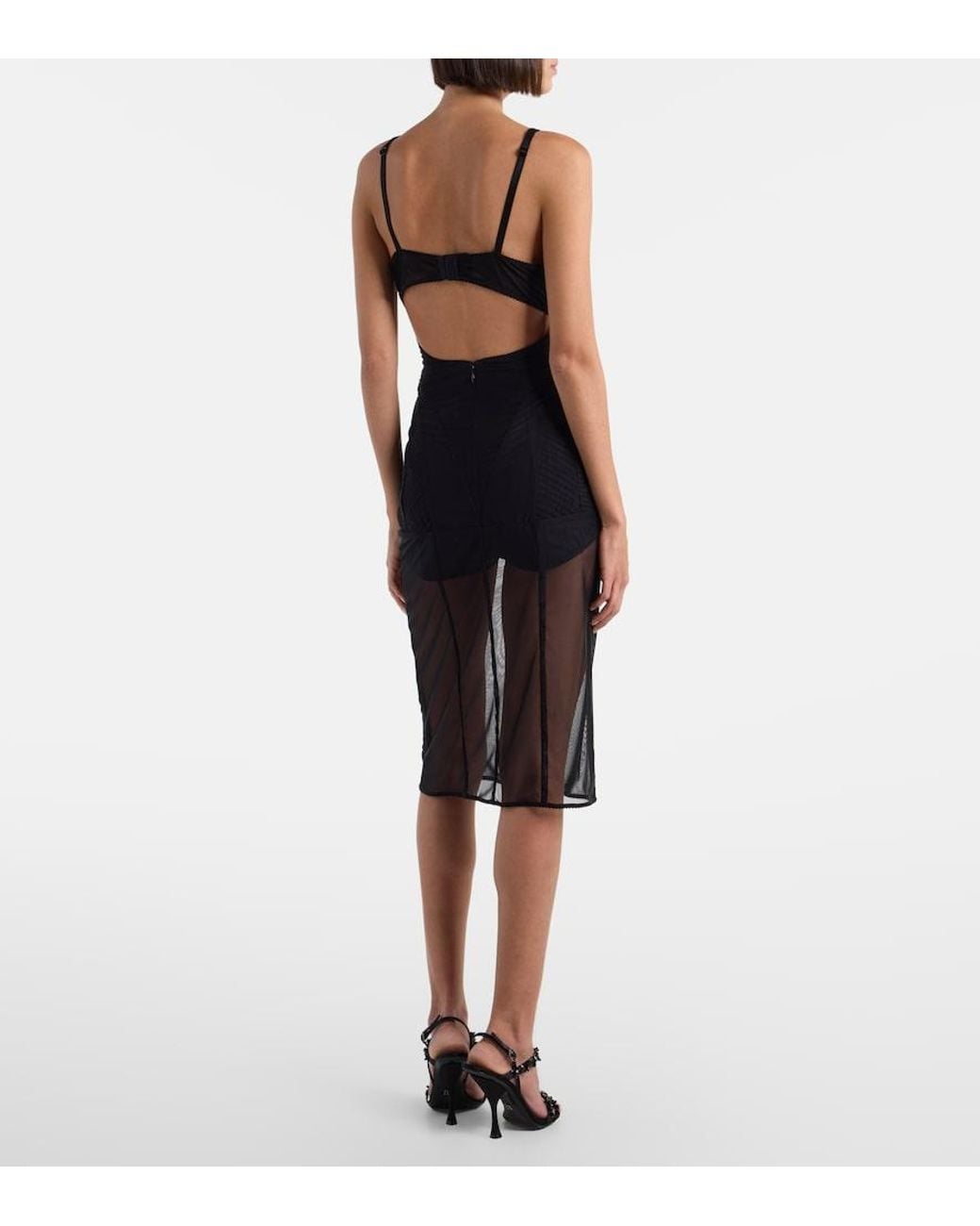 Dolce & Gabbana Black Ruched Sheer Tulle Midi Dress