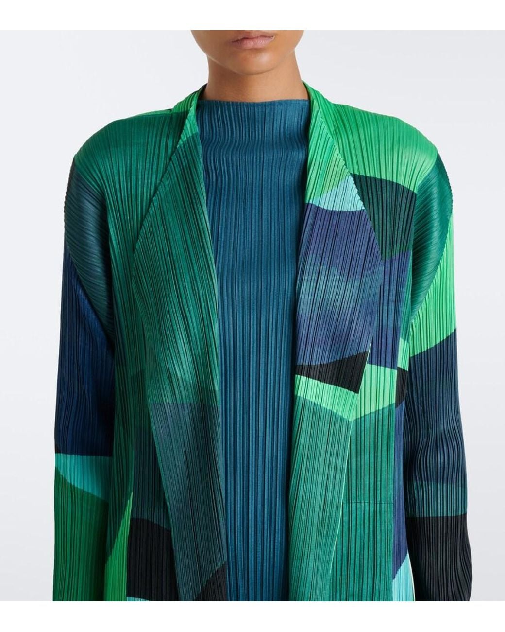 Pleats Please Issey Miyake Green Orbit Printed Pleated Cardigan