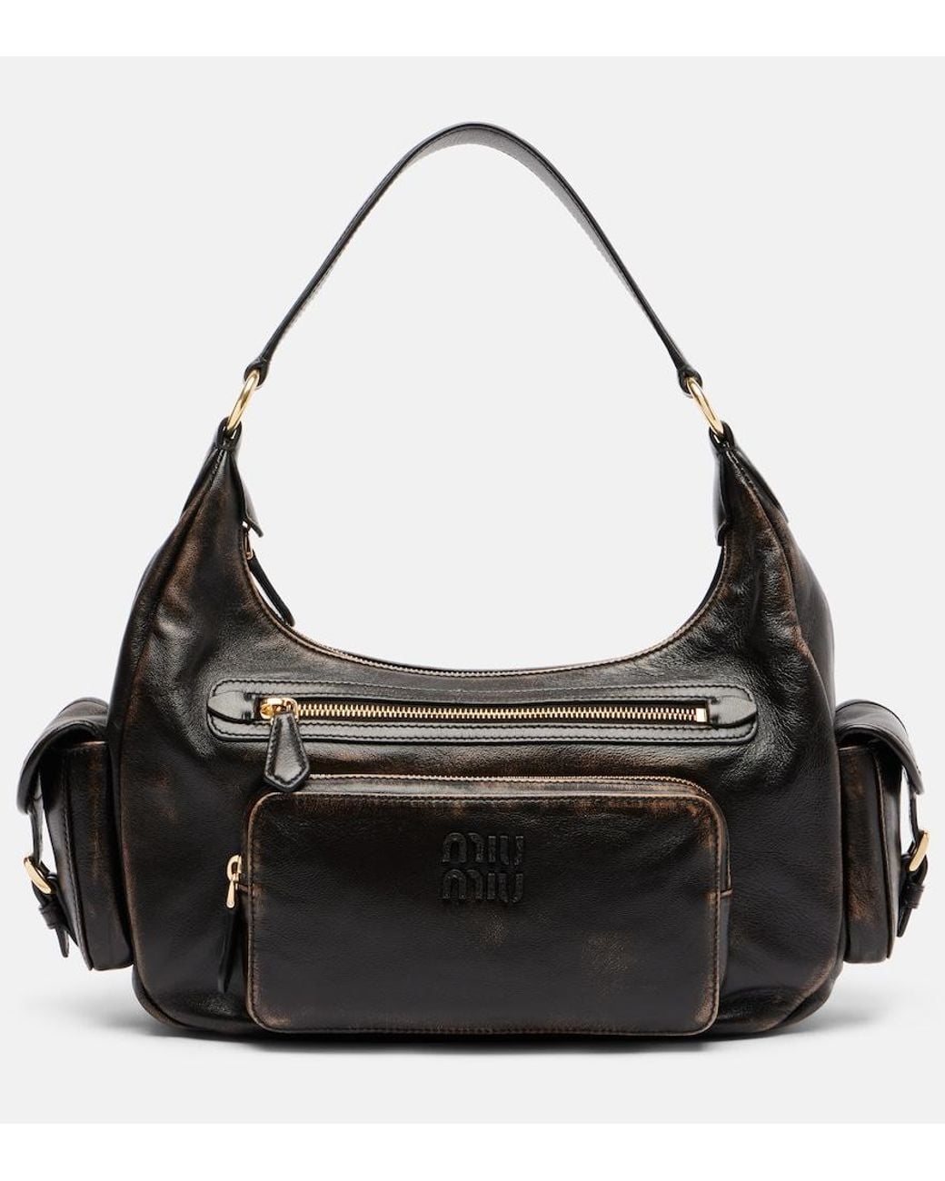 Miu Miu Black Distressed Leather Shoulder Bag