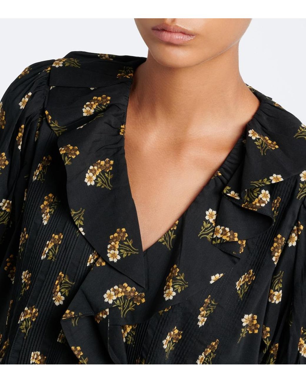 Doen Black Henri Floral Ruffled Cotton-Blend Blouse