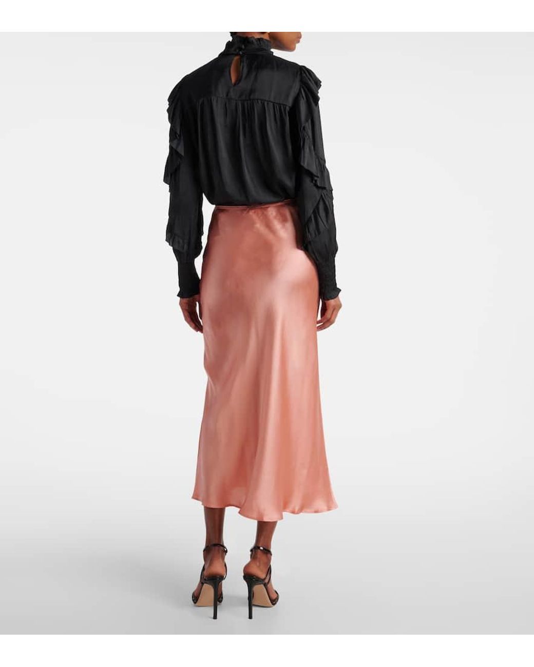 Rixo Pink Ardith Silk Satin Midi Skirt
