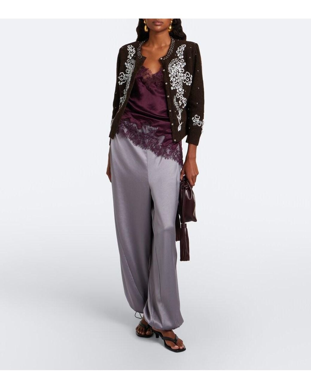 JACQUES WEI Purple Leather-Trimmed Satin Wide-Leg Pants