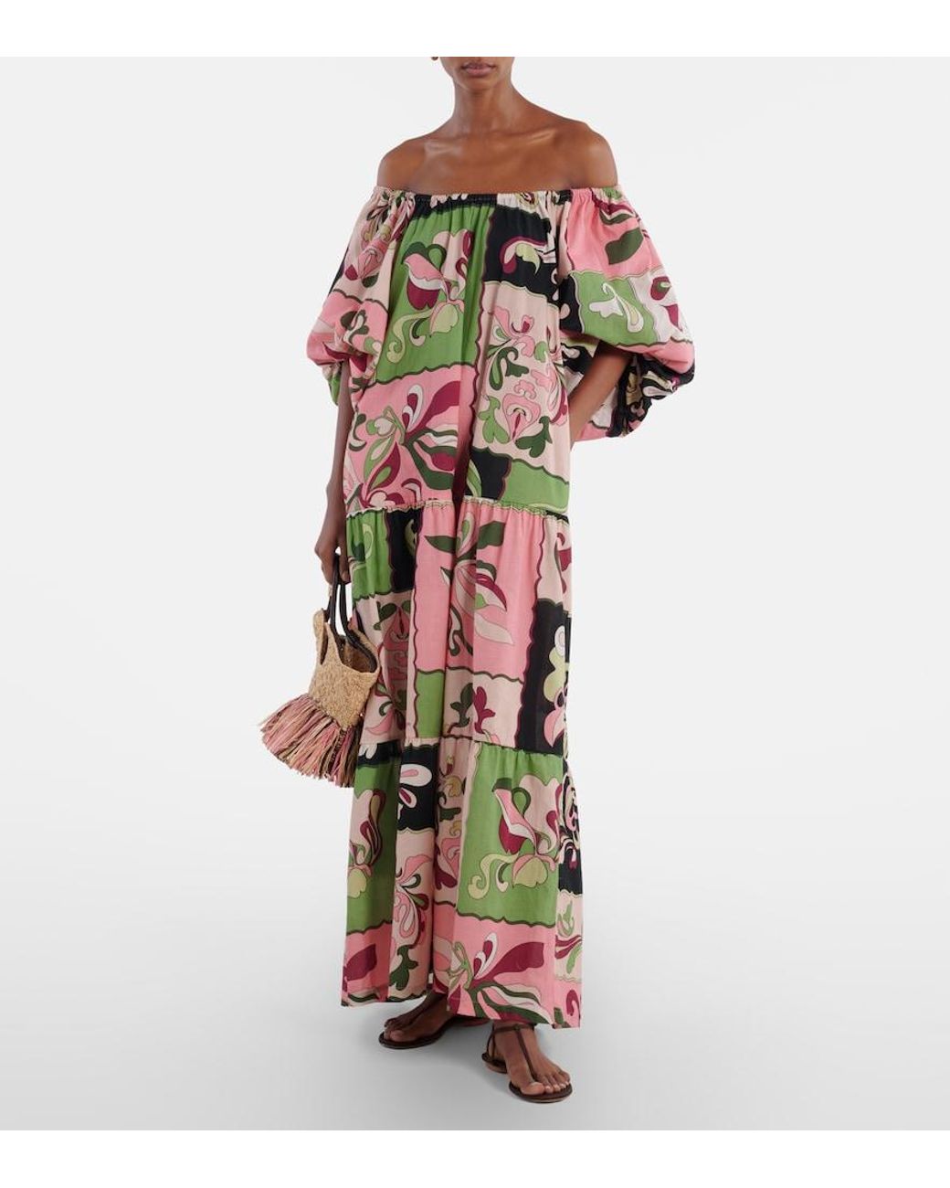 Adriana Degreas Multicolor Printed Off-Shoulder Cotton Maxi Dress