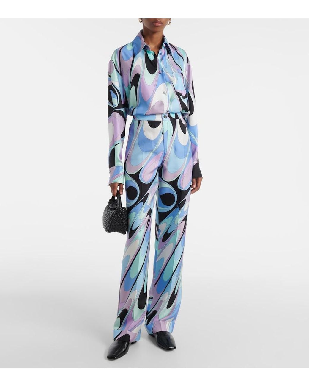 Emilio Pucci Blue Printed Silk Twill Wide-Leg Pants