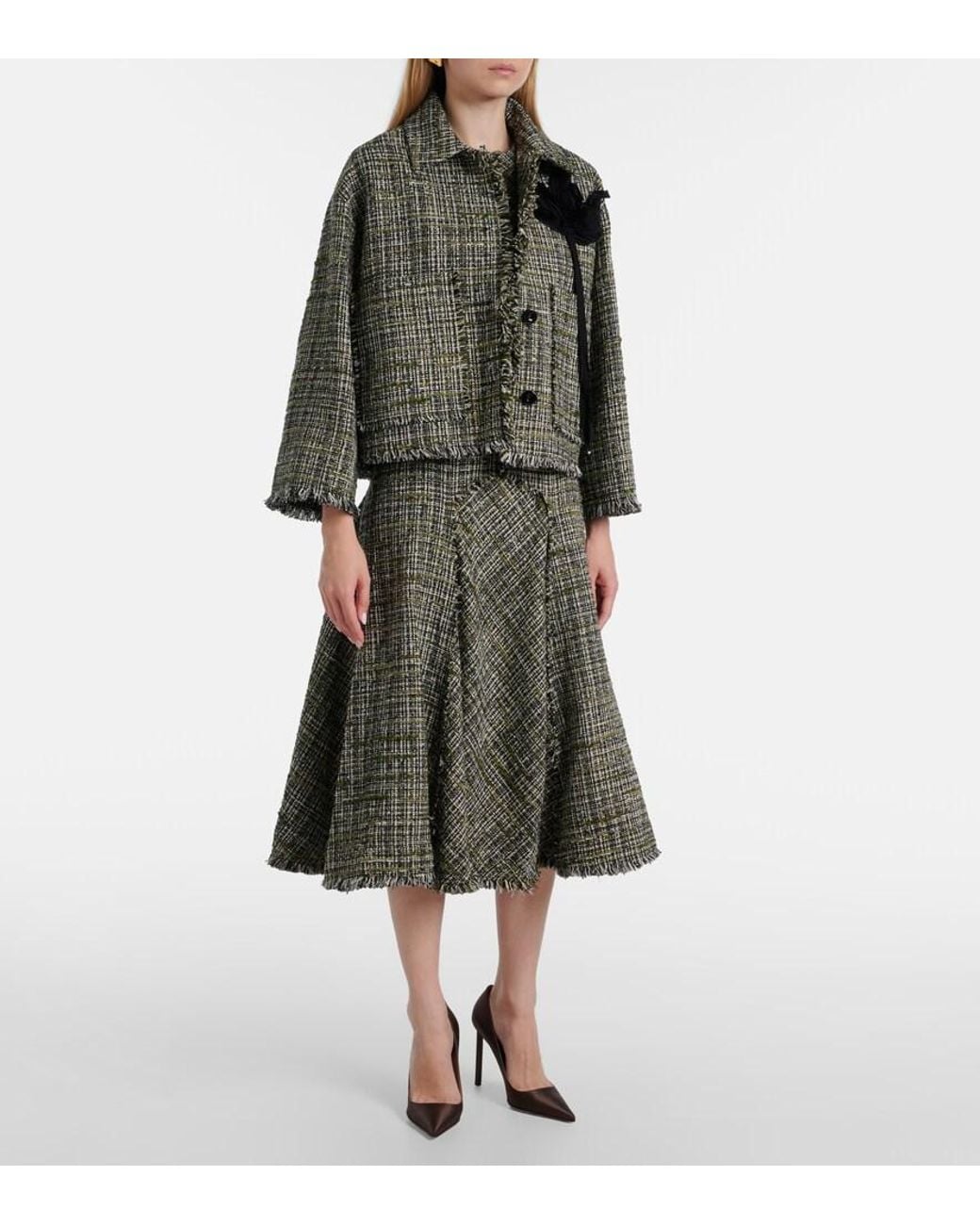 Erdem Green Draped Tweed Midi Dress