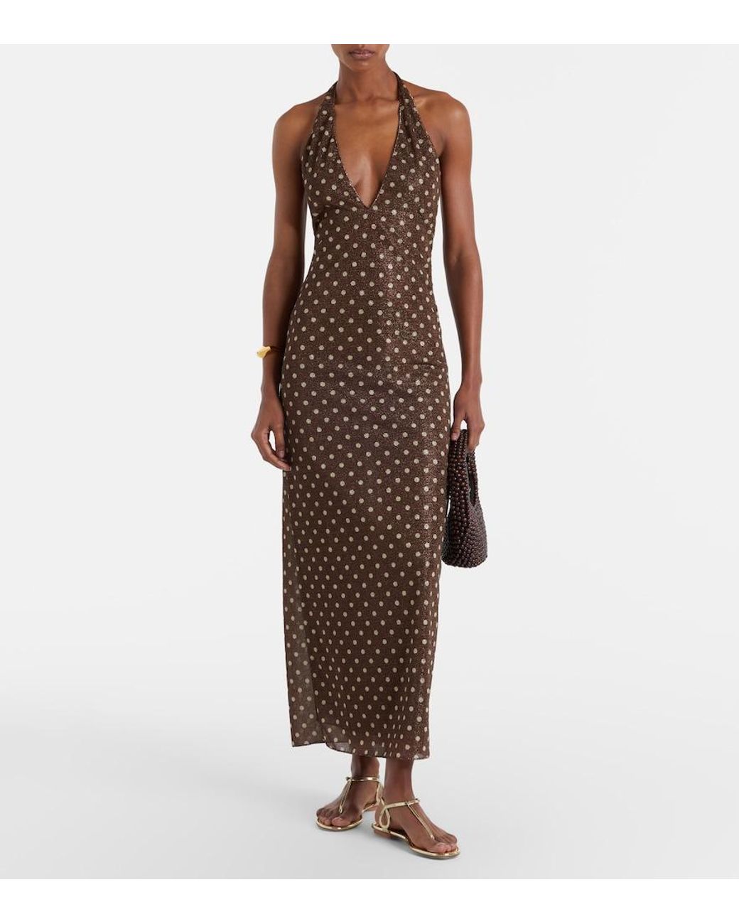 Oseree Brown Lumiere Polka-Dot Halterneck Maxi Dress