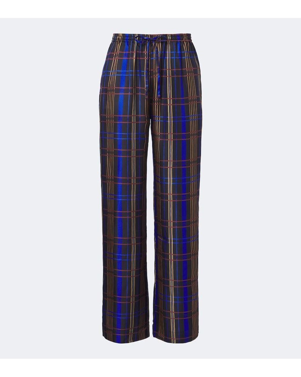 Asceno Blue Aurelia Plaid Silk Twill Wide-Leg Pants