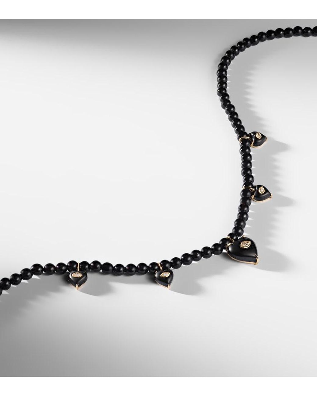 Sydney Evan Metallic Carved Heart 14Kt Beaded Necklace With Diamonds And Onyx