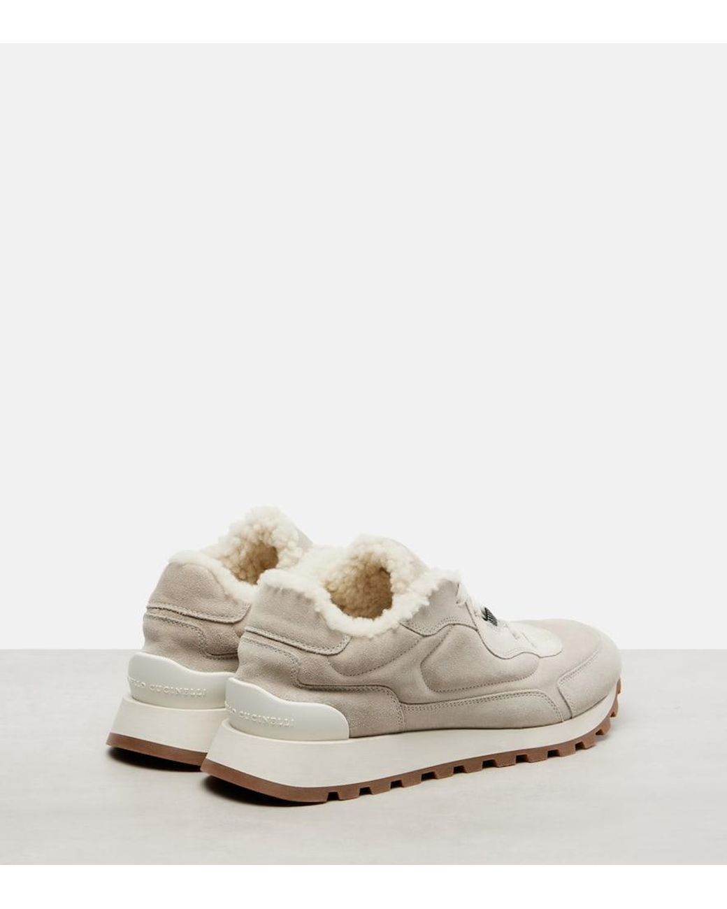 Brunello Cucinelli White Shearling-Lined Suede Low-Top Sneakers