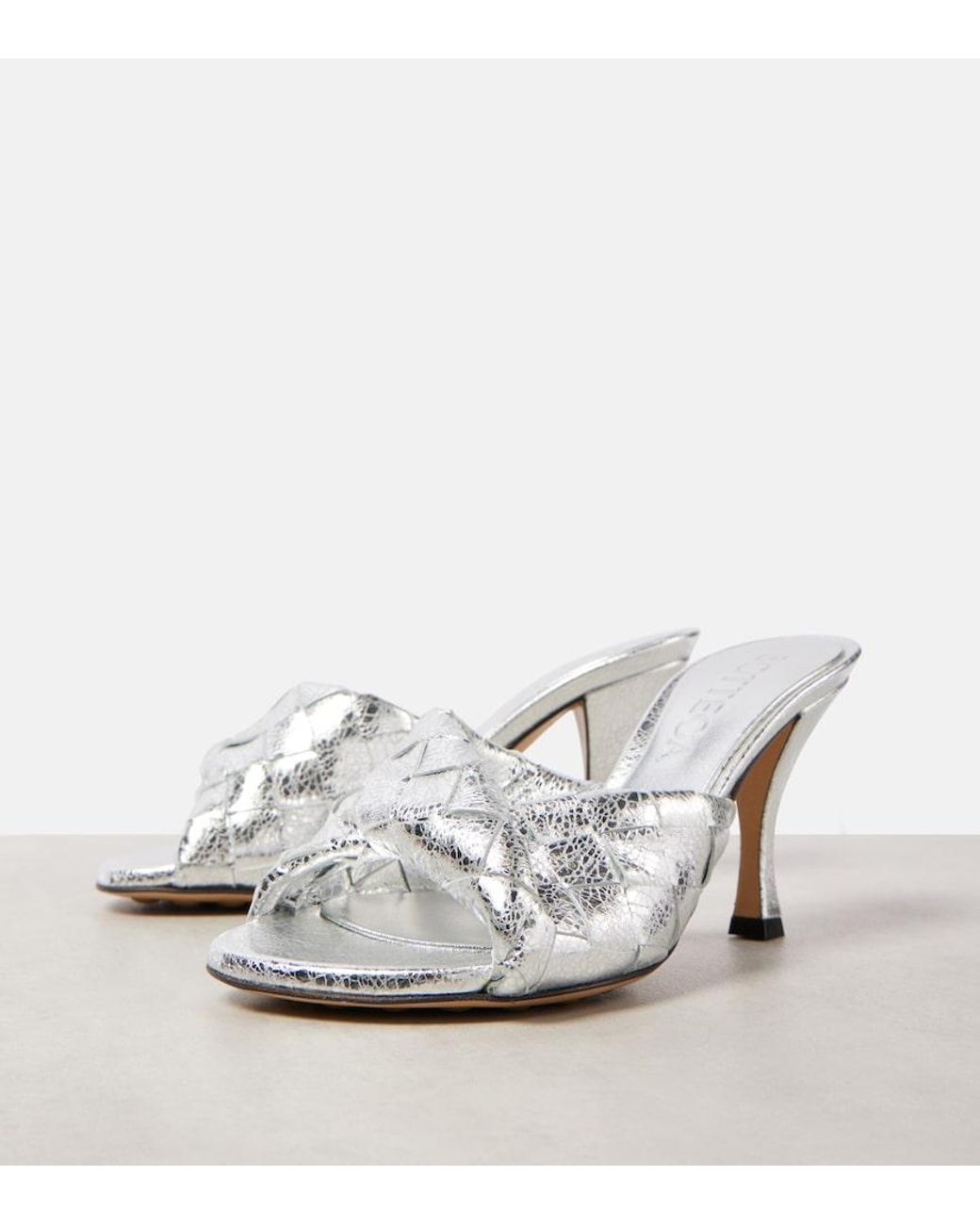 Bottega Veneta White Blink Intrecciato 80 Metallic Leather Mules