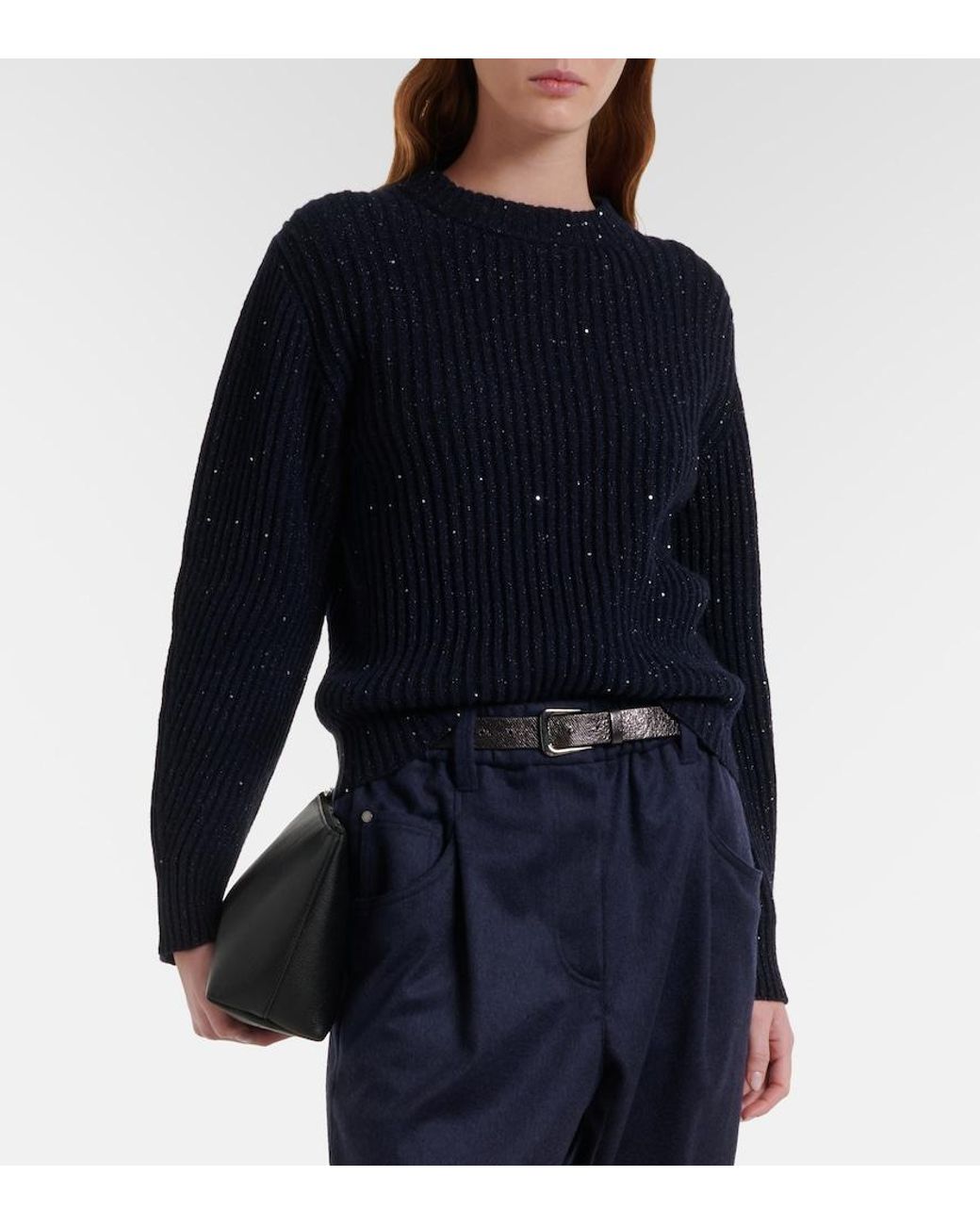 Brunello Cucinelli Blue Sequined Cashmere And Wool-Blend Sweater