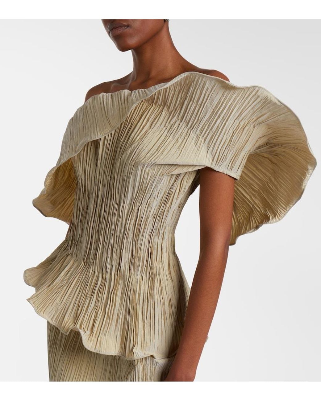 Marmar Halim Natural One-Shoulder Pleated Taffeta Gown