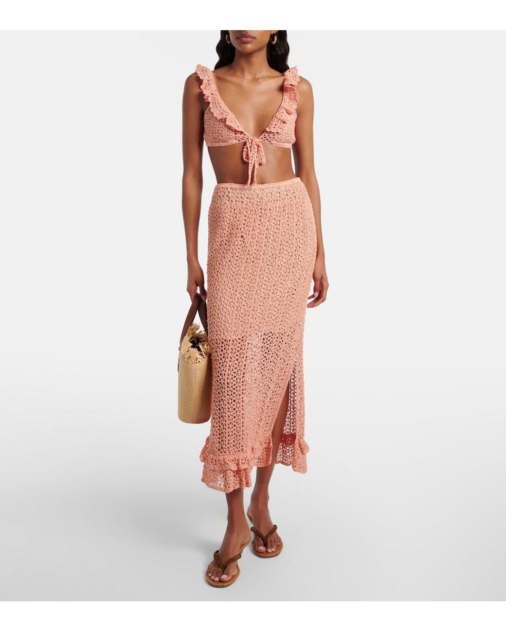 Anna Kosturova Pink Rosette Crochet Cotton Midi Skirt