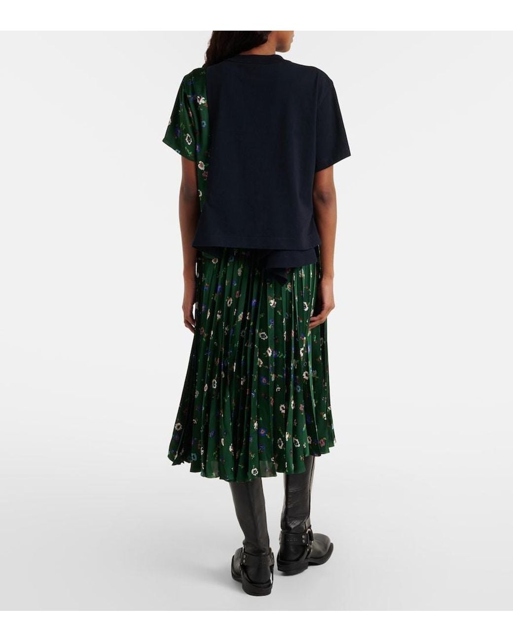 Sacai Green Floral Plisse Satin Midi Skirt