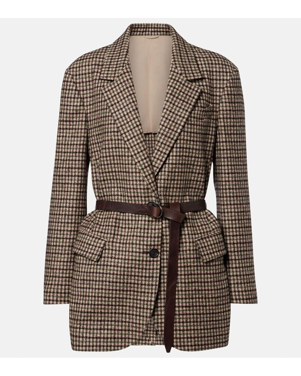 Brunello Cucinelli Brown Belted Checked Wool And Alpaca-Blend Jacket