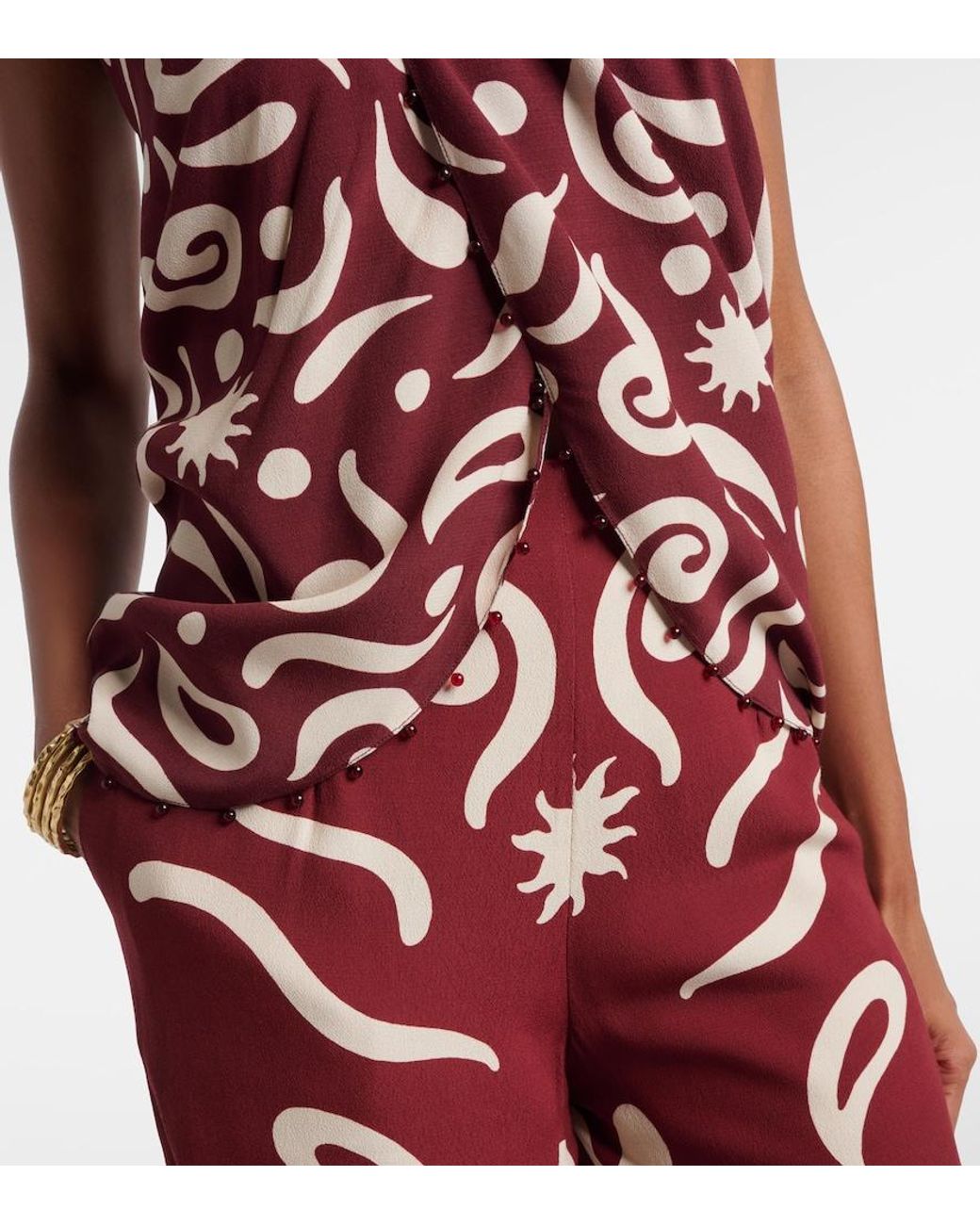 Cala De La Cruz Red Zauma Beaded Printed Top