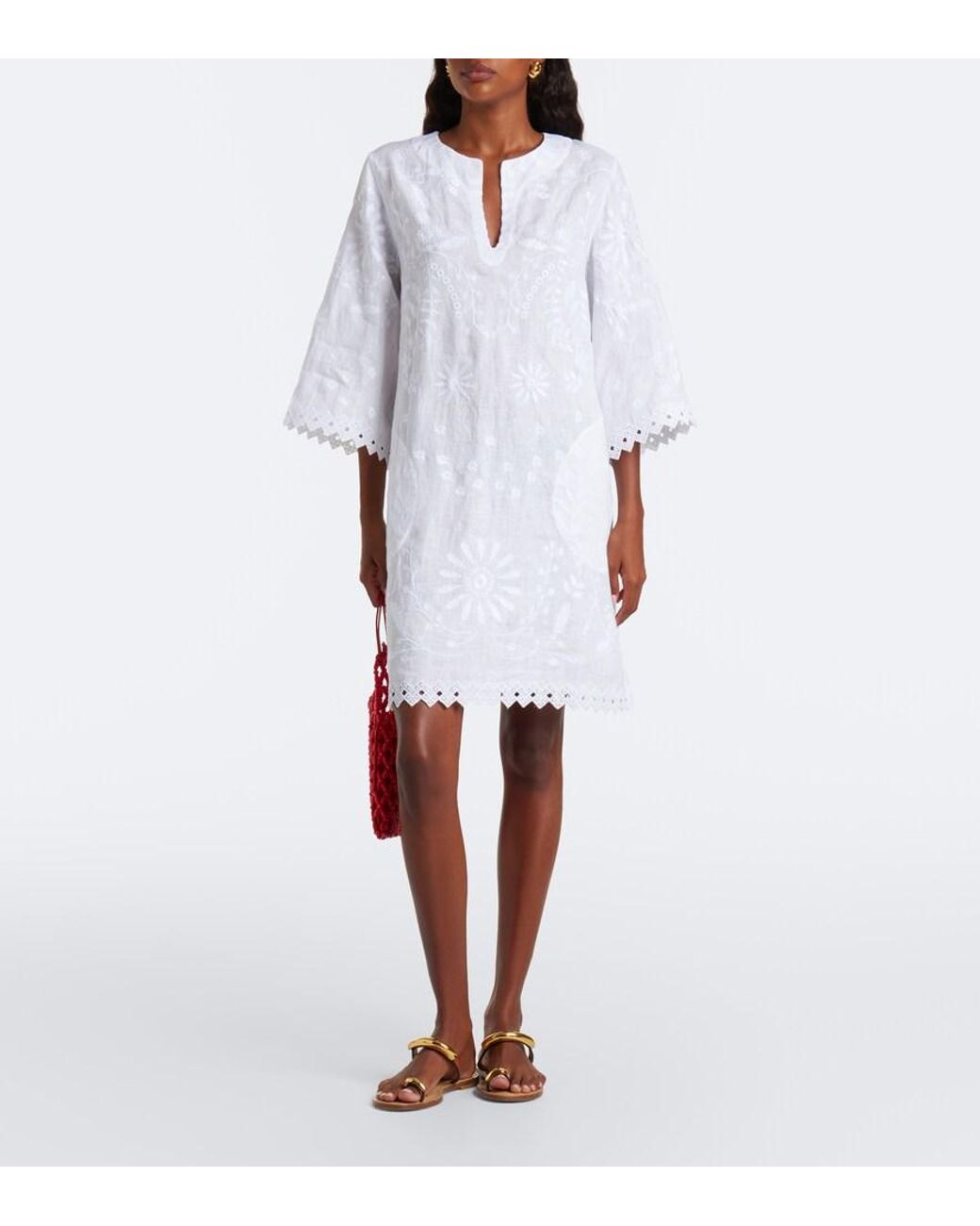 Eres White Aigue-Marine Embroidered Linen Minidress