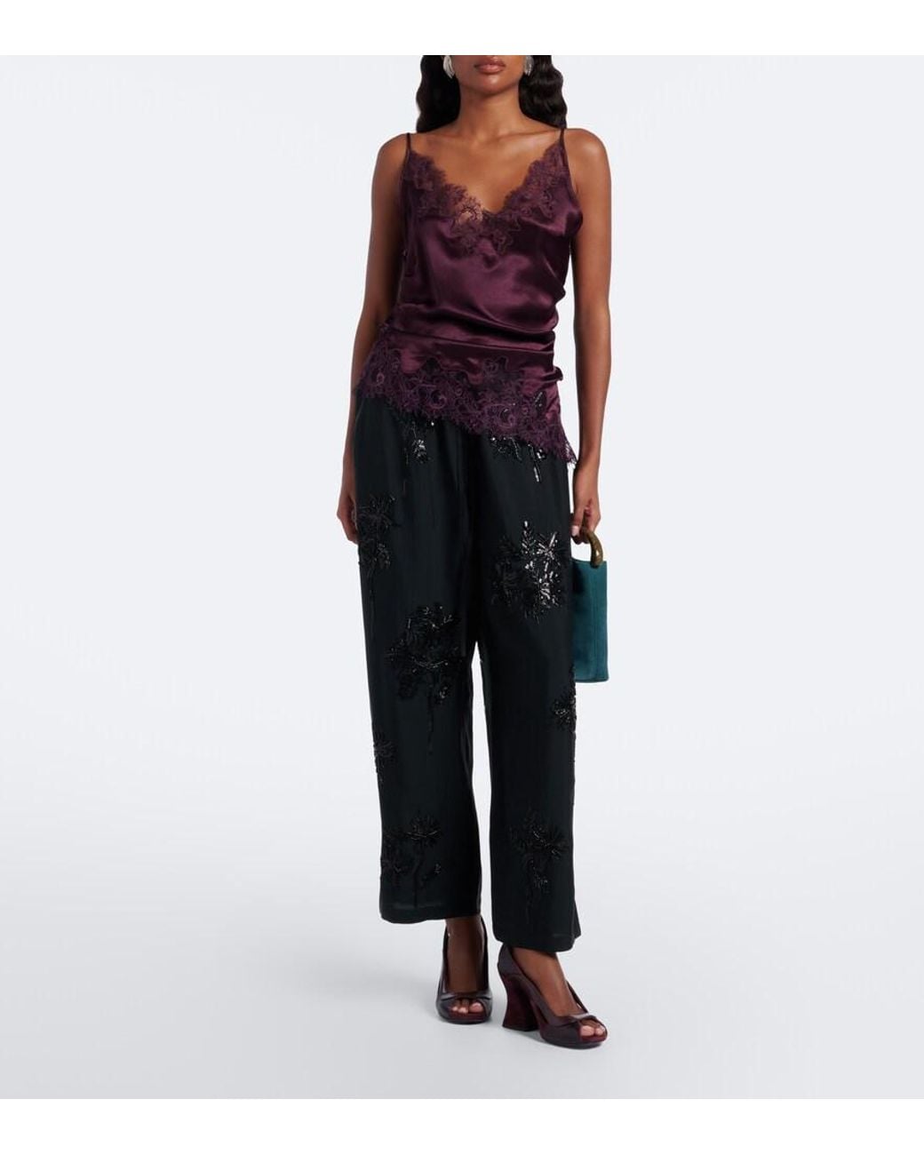 JACQUES WEI Purple Ruched Lace-Trimmed Satin Camisole