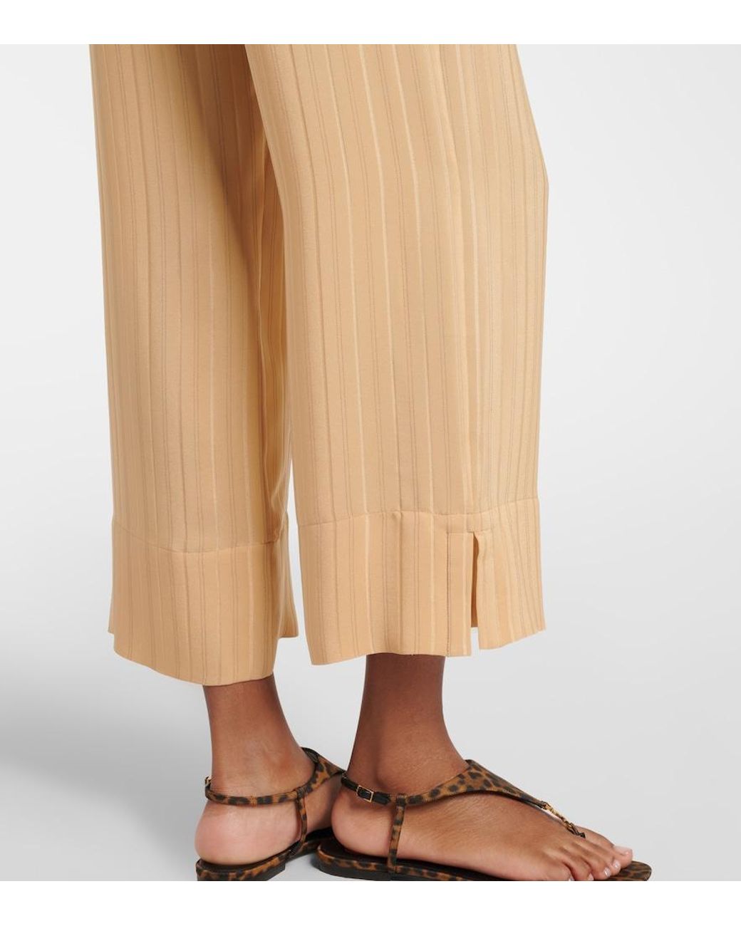 Saint Laurent Natural Striped Cropped Silk Straight Pants