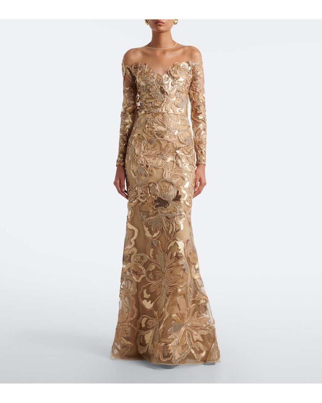 Elie Saab Natural Embroidered Sequined Tulle Gown