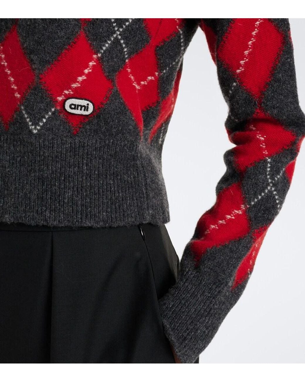 AMI Red Argyle Virgin Wool Cardigan