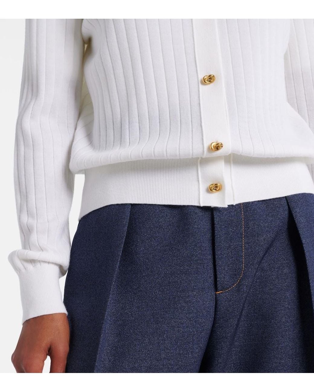 Bottega Veneta White Knot Ribbed-Knit Wool Cardigan