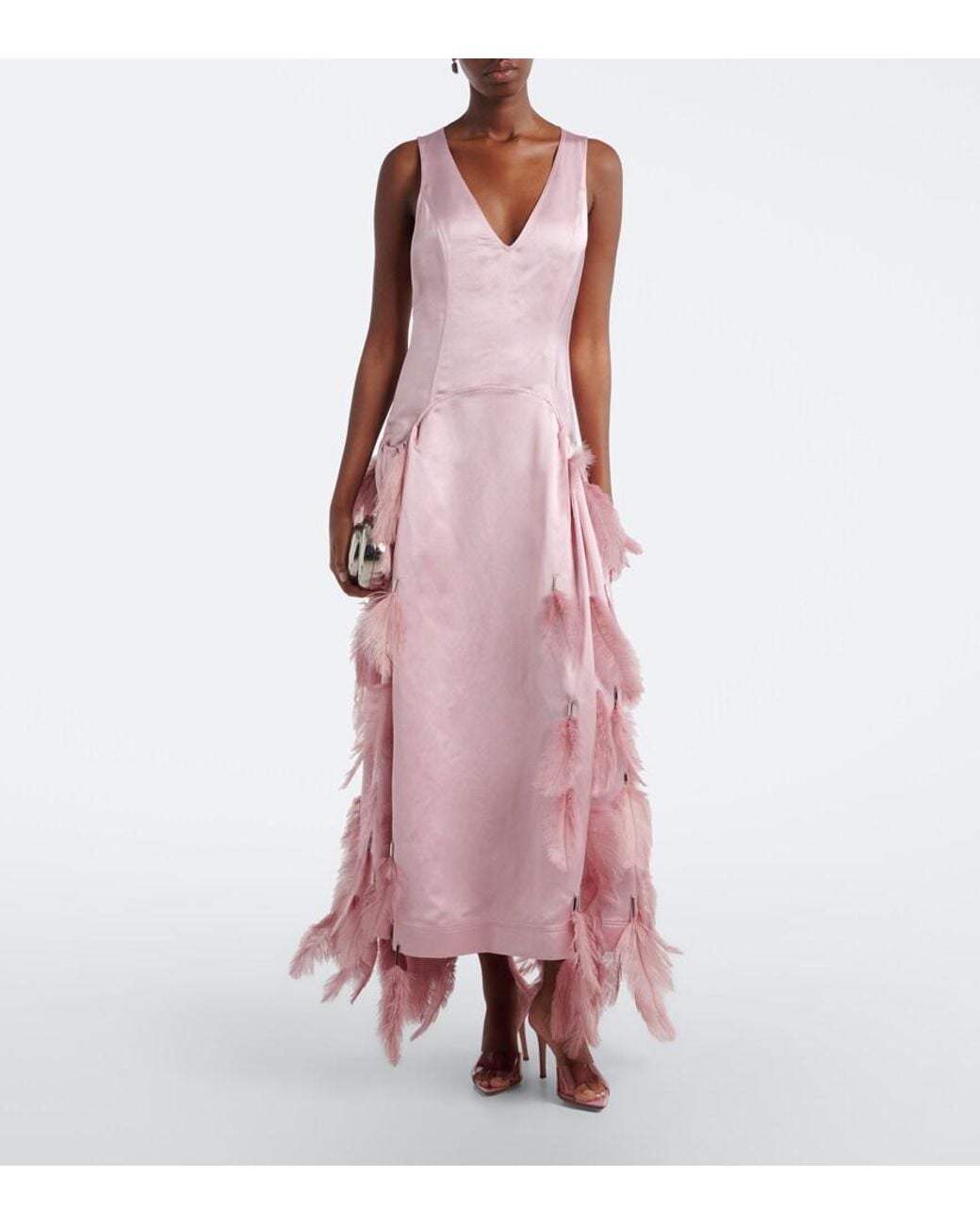 JACQUES WEI Pink Feather-Trimmed Satin Gown