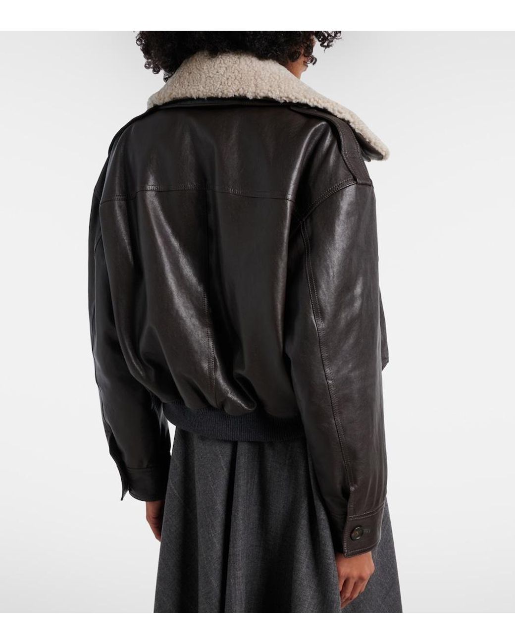 Brunello Cucinelli Black Shearling-Trimmed Leather Bomber Jacket