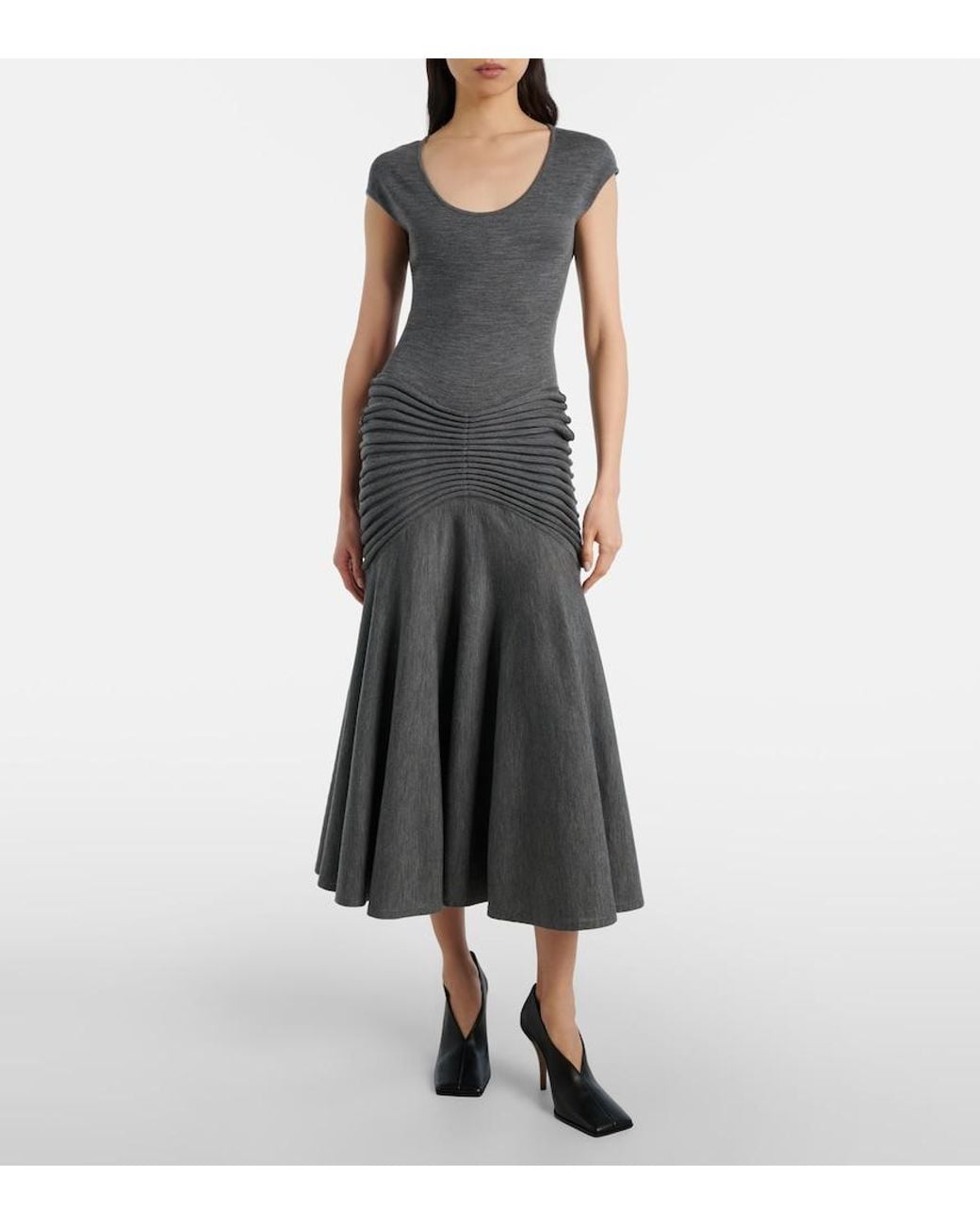 Alaïa Gray Sculpting Panel Wool Midi Dress