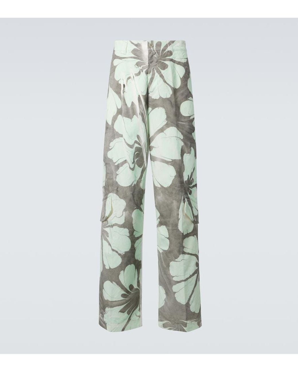 Dries Van Noten Green Floral Cotton Wide-Leg Pants for men