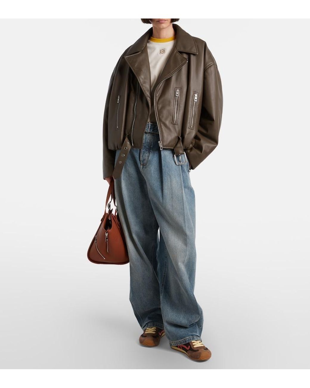 Loewe Brown Cropped Leather Biker Jacket