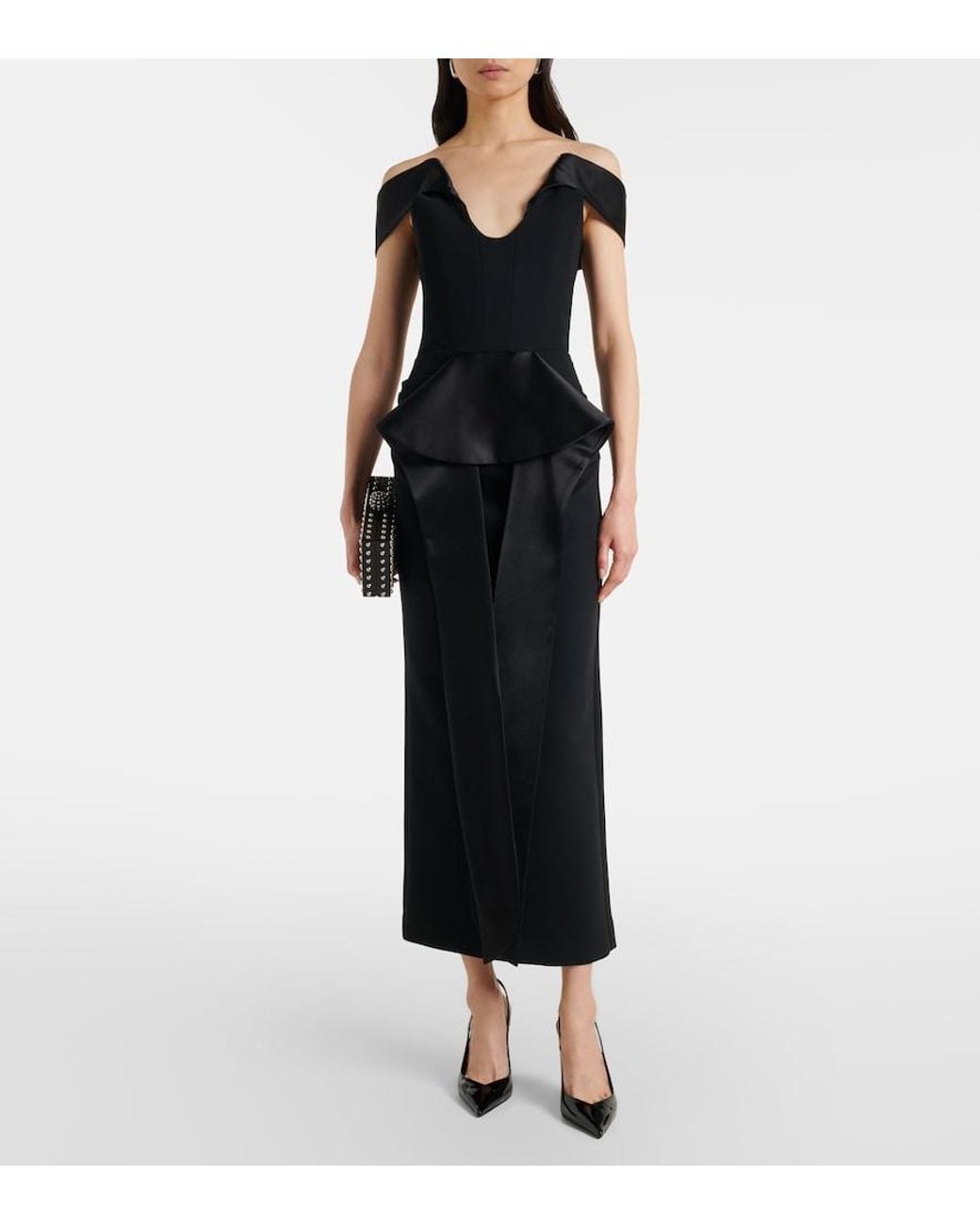 Maticevski Black Barrier Off-Shoulder Satin Midi Dress