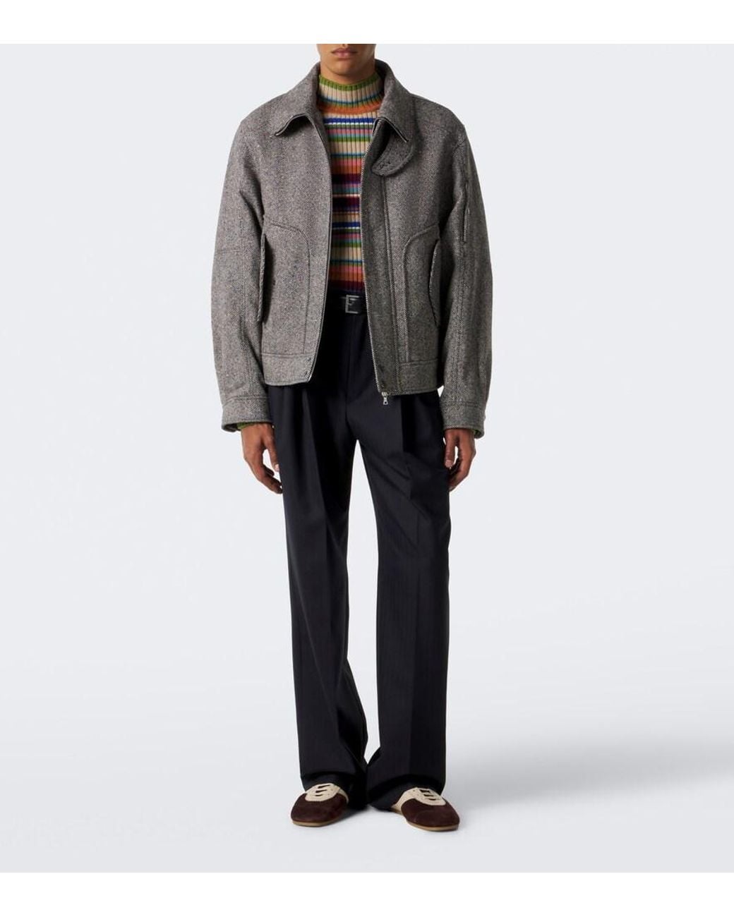 Dries Van Noten Blue Herringbone Pleated Wool Wide-Leg Pants for men