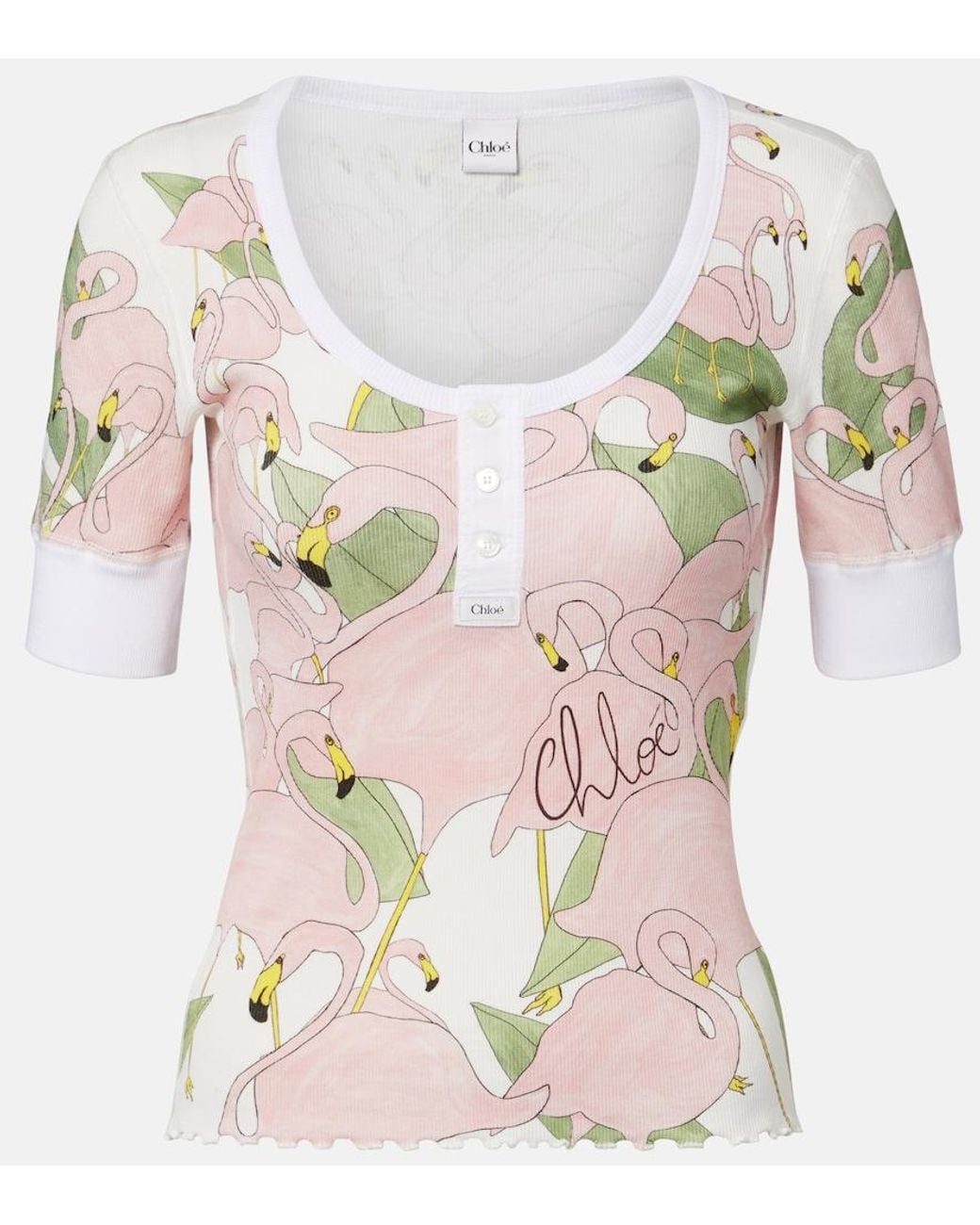 Chloé Pink Printed Cotton-Blend Henley Shirt