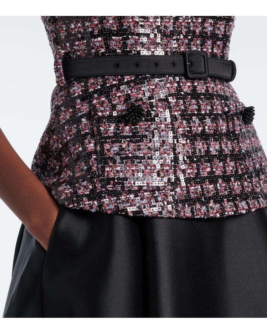 Self-Portrait Black Sequined Boucle And Taffeta Midi Dress