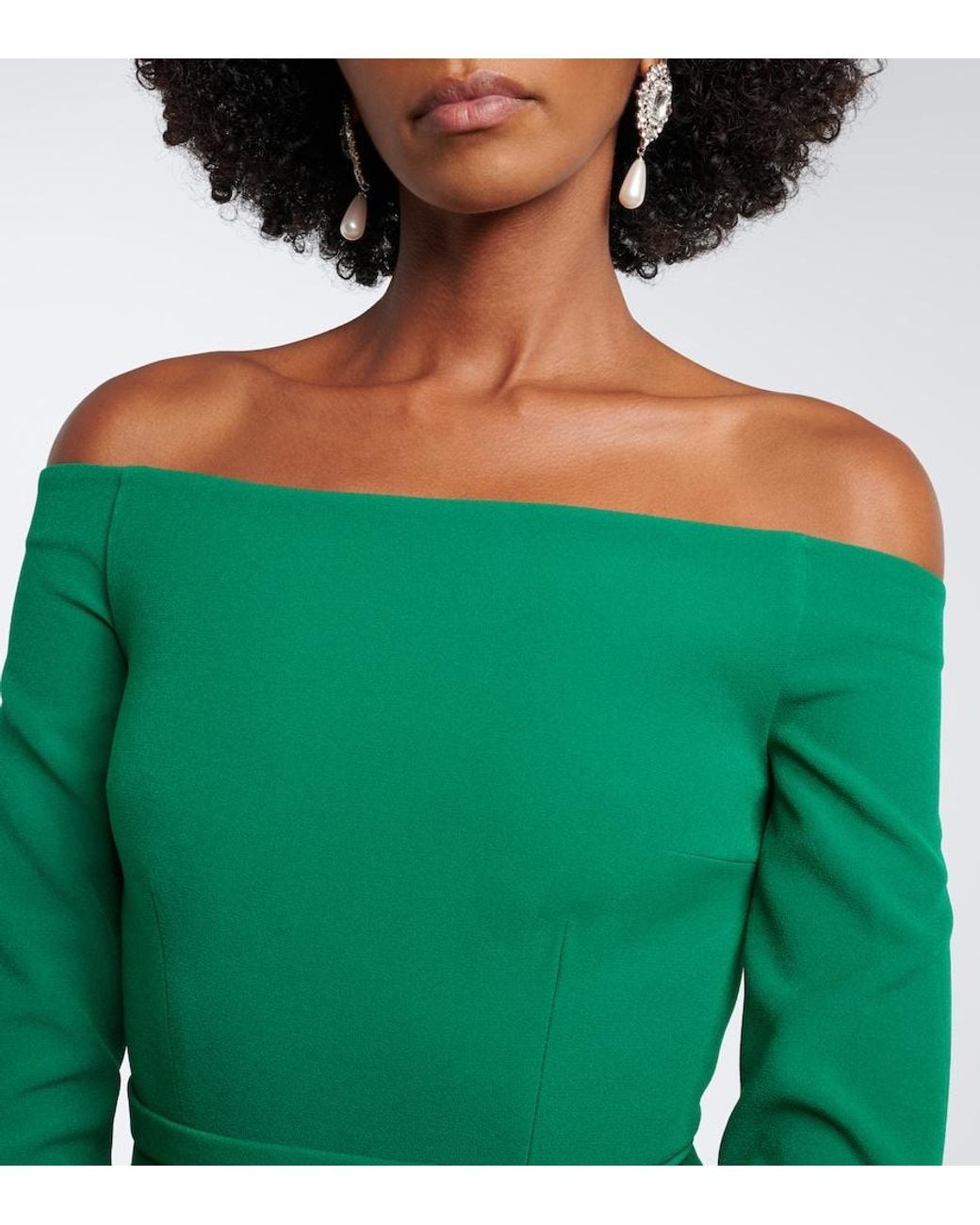 Safiyaa Green Amadora Off-Shoulder Crepe Gown
