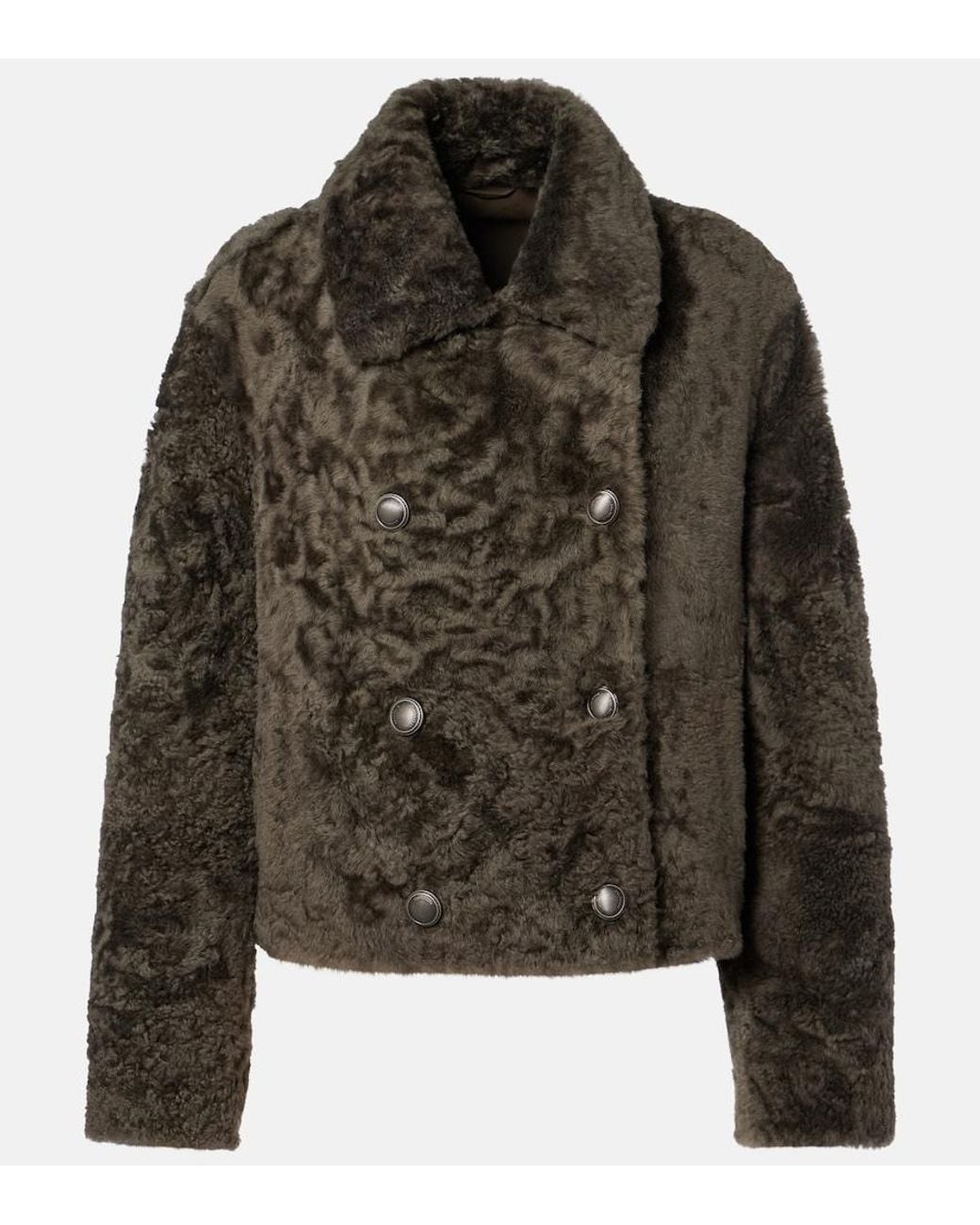 Brunello Cucinelli Green Cropped Double-Breasted Shearling Jacket