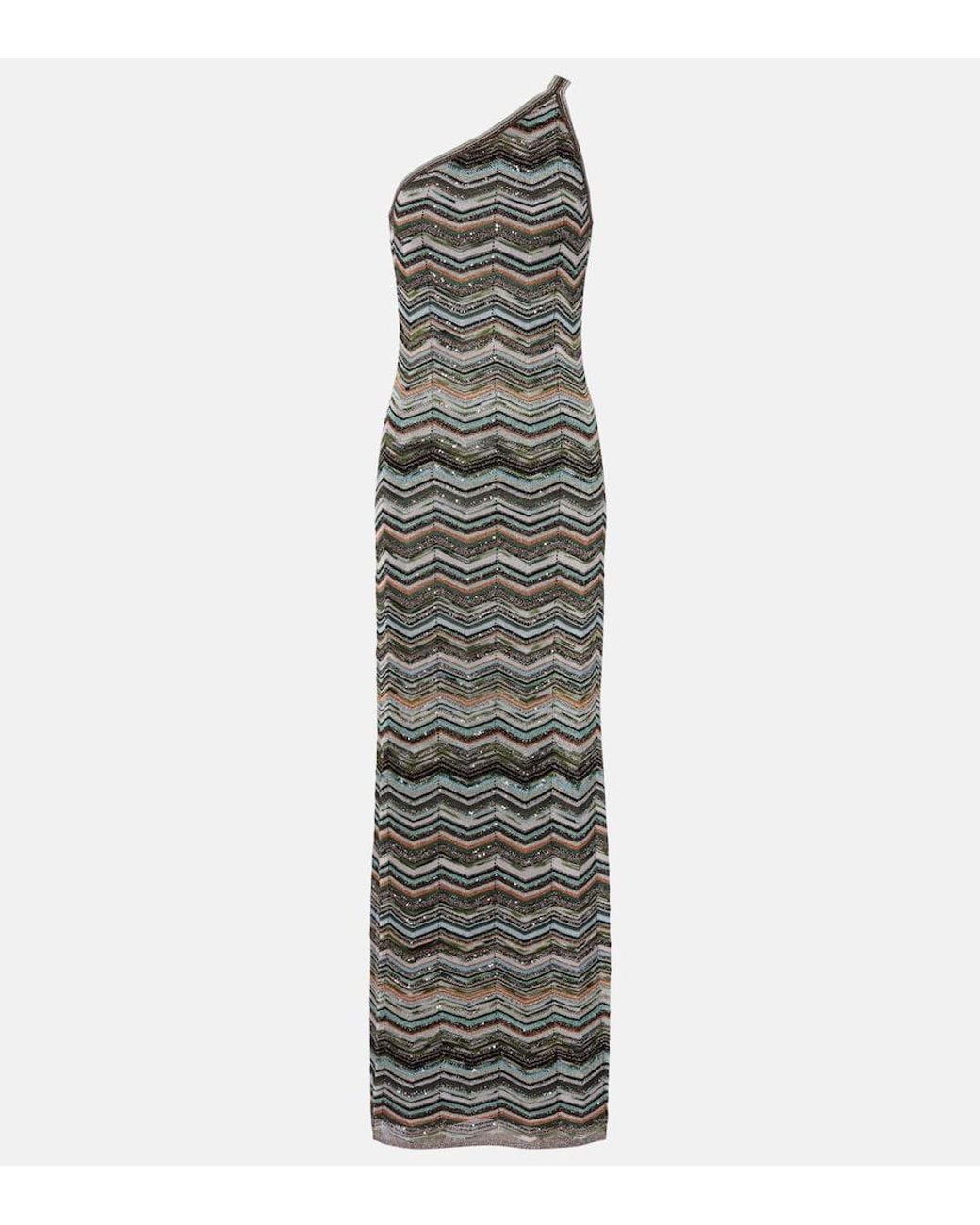Missoni Gray Zigzag One-Shoulder Lame Maxi Dress