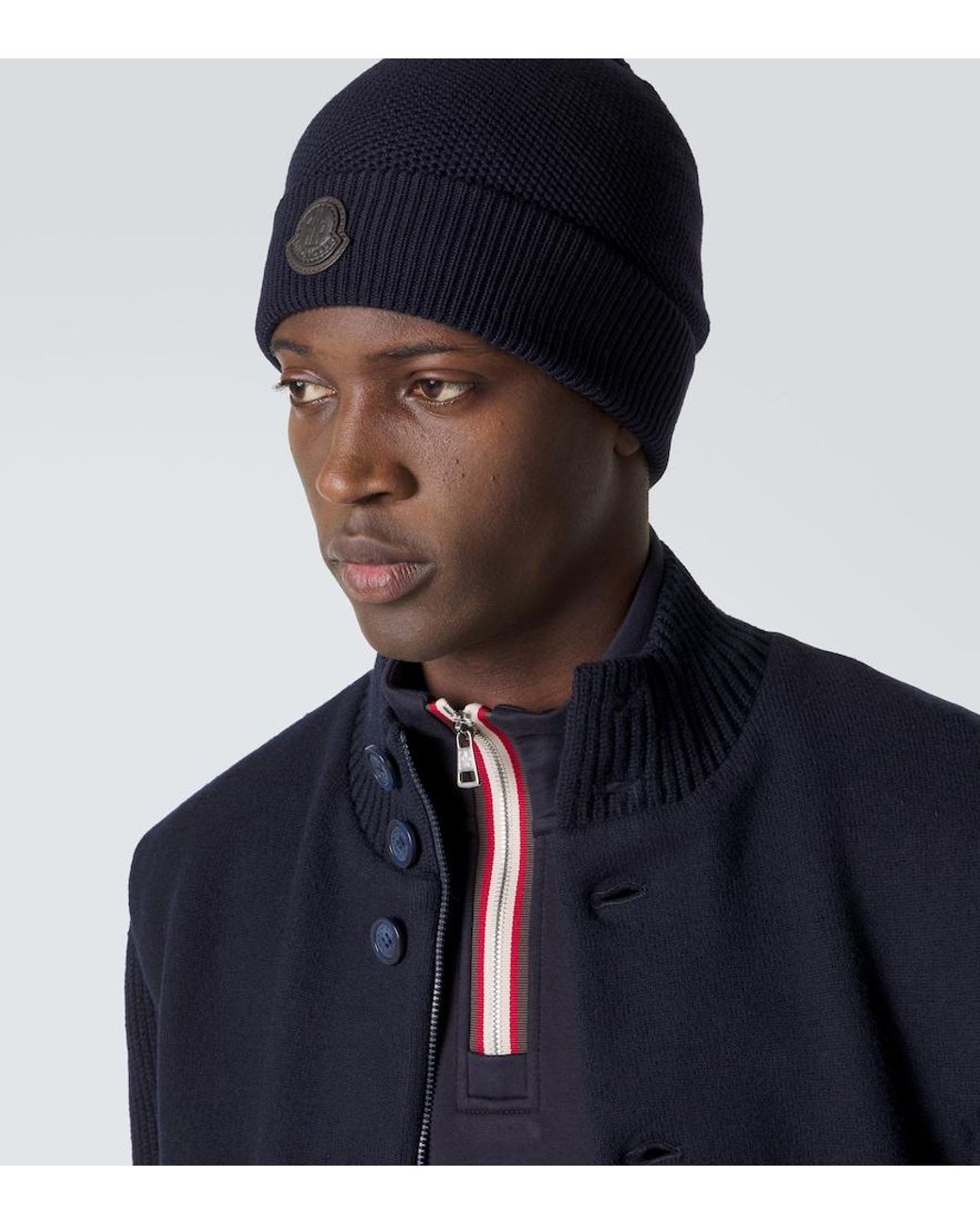 Moncler Black Logo Virgin Wool Beanie for men