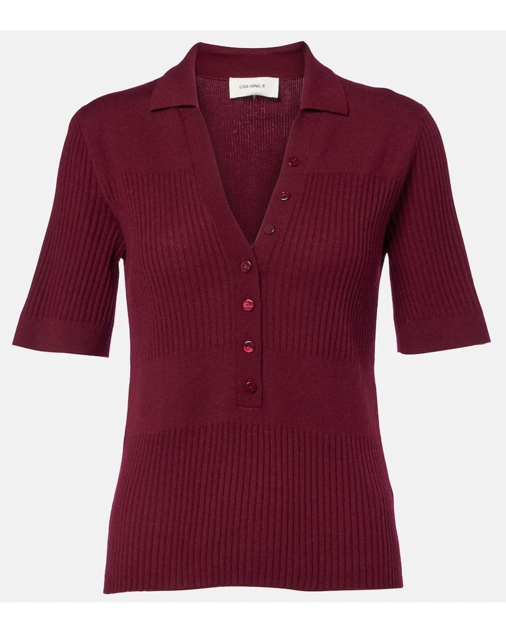 Lisa Yang Red Malie Ribbed-Knit Cashmere Polo Sweater