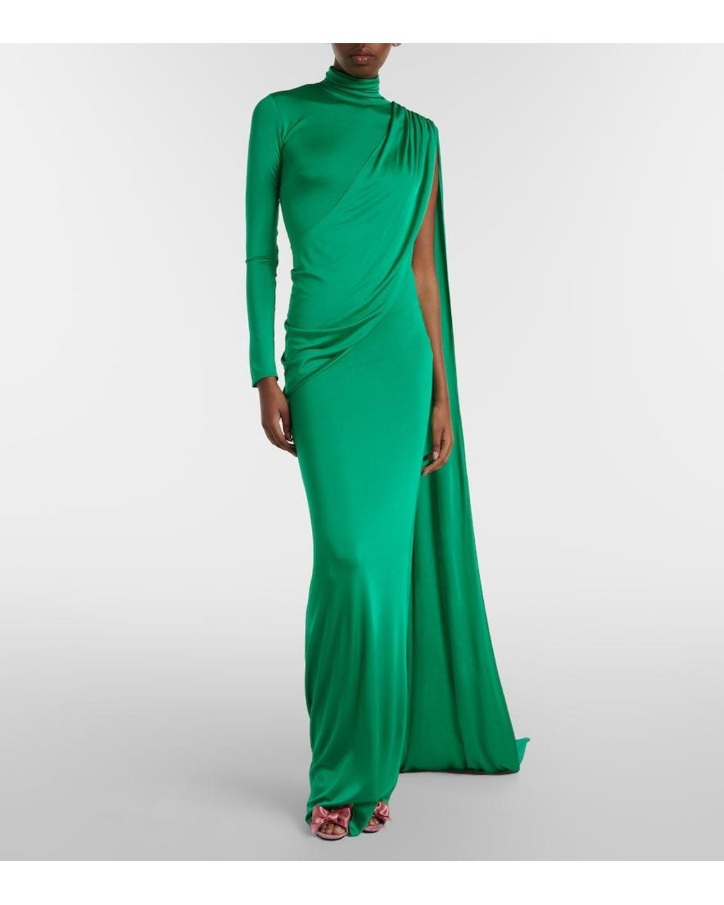 The New Arrivals Ilkyaz Ozel Green Aya Caped Satin Gown