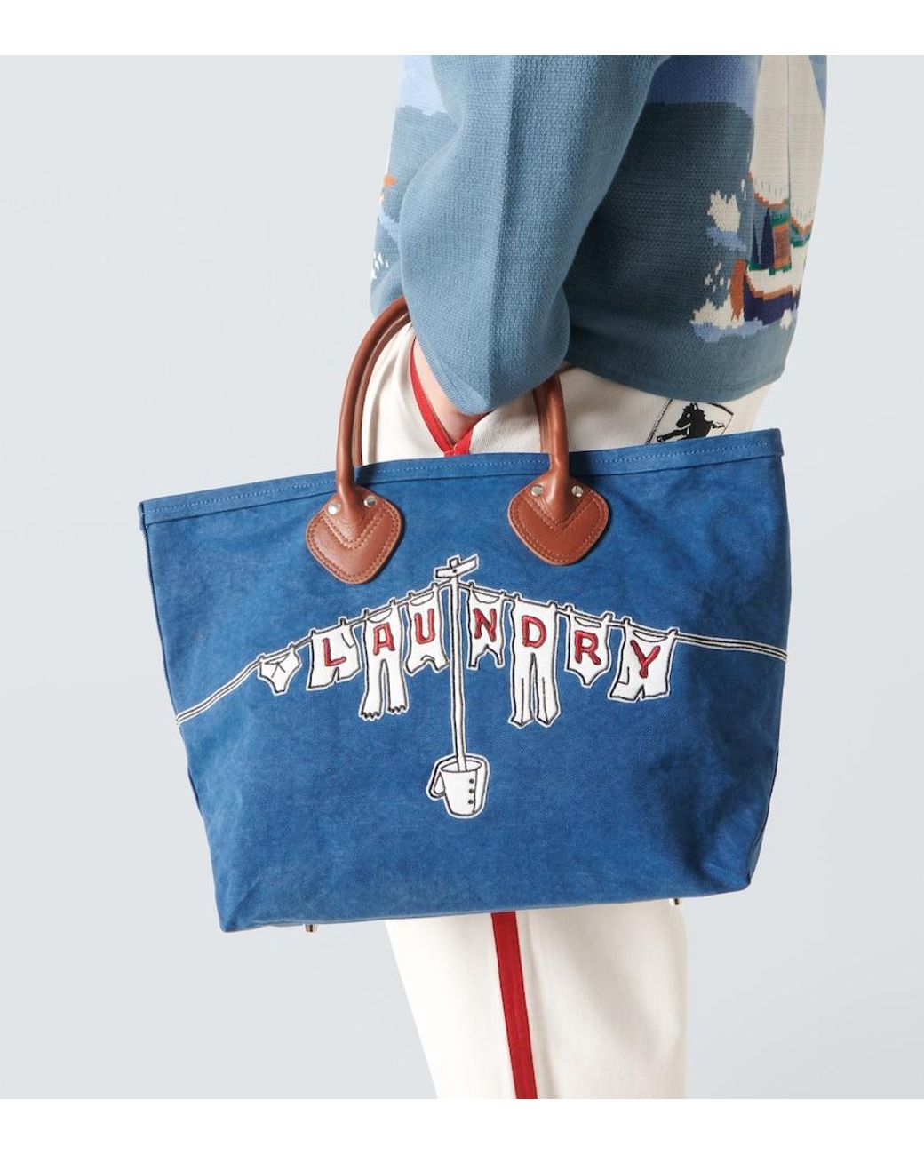 Bode Clothesline Leather-Trimmed Canvas Tote Bag in Blue for Men