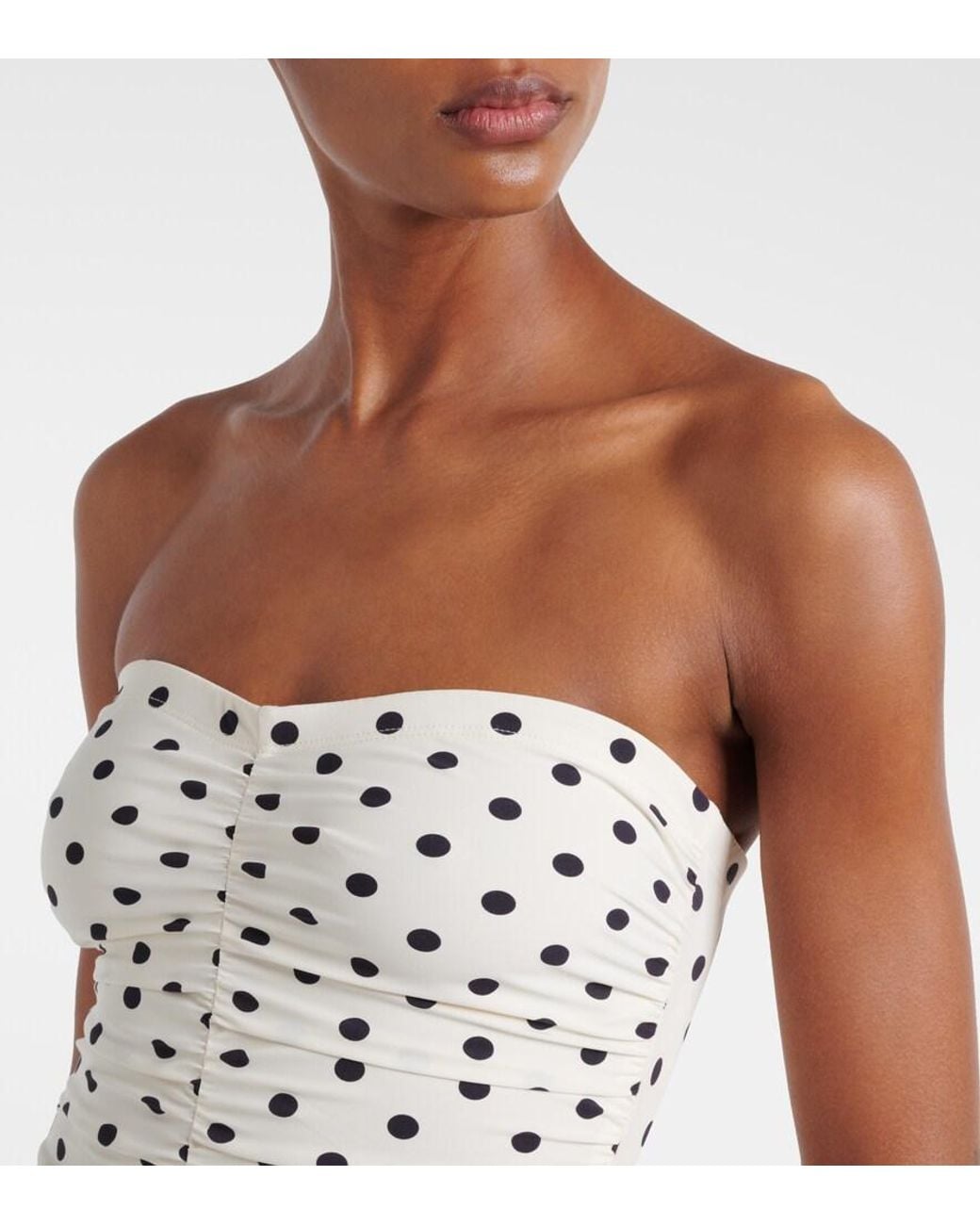 Karla Colletto White Ruched Polka-Dot Bandeau Swimsuit
