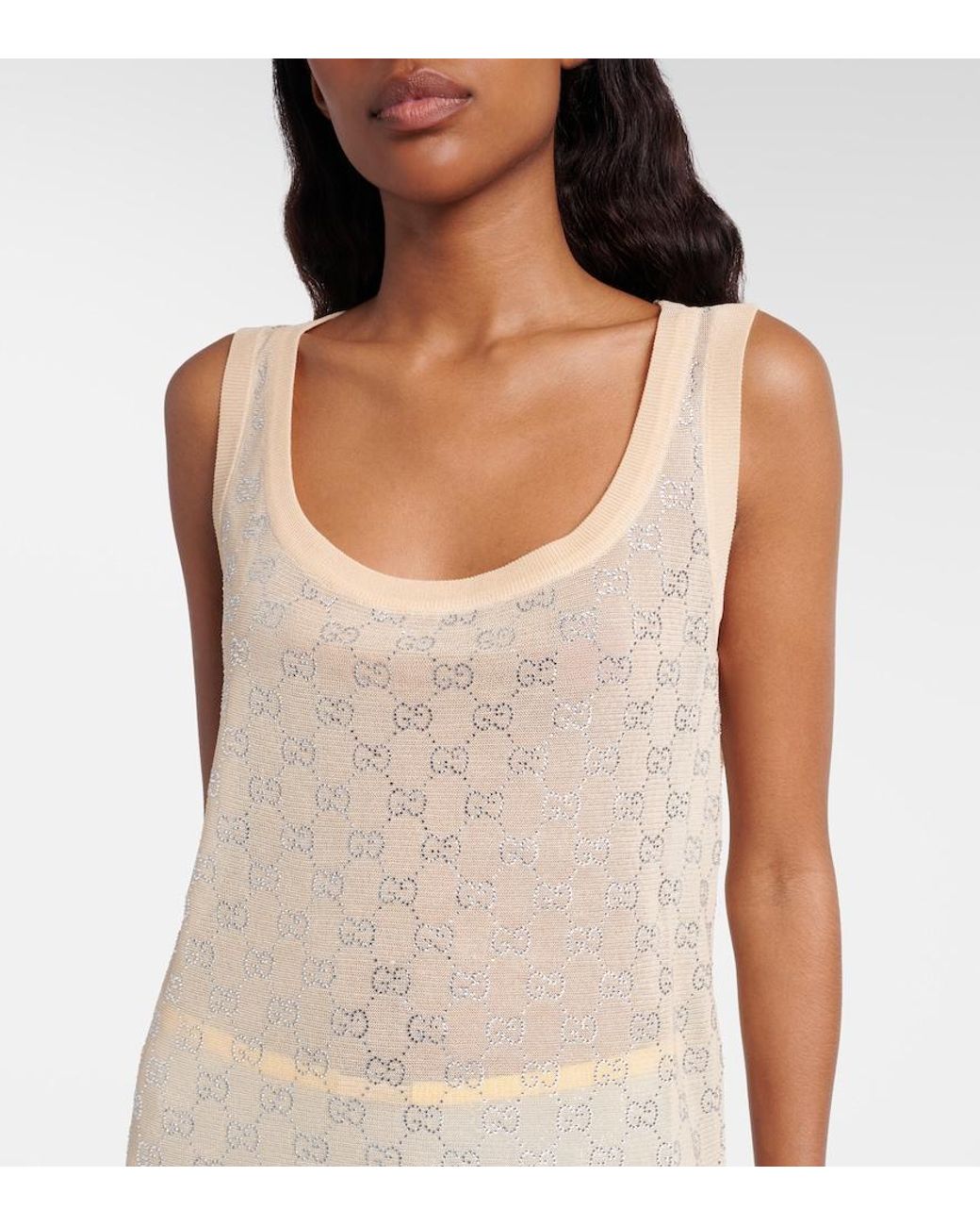 Gucci Natural Gg Crystal Silk Tank Top
