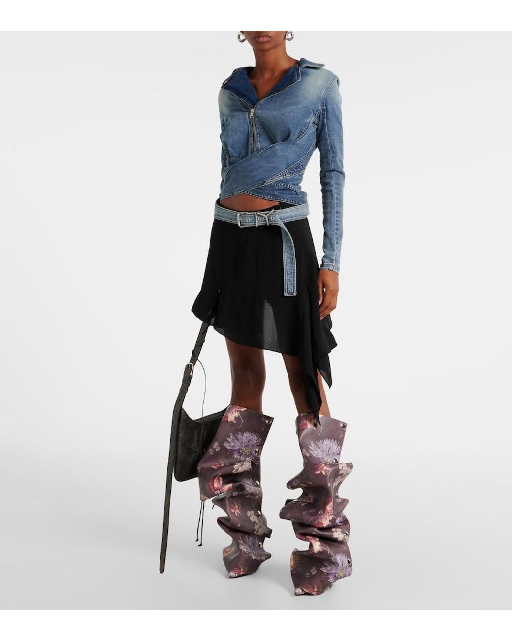 Y. Project Black Snap 100 Floral Leather Knee-High Boots
