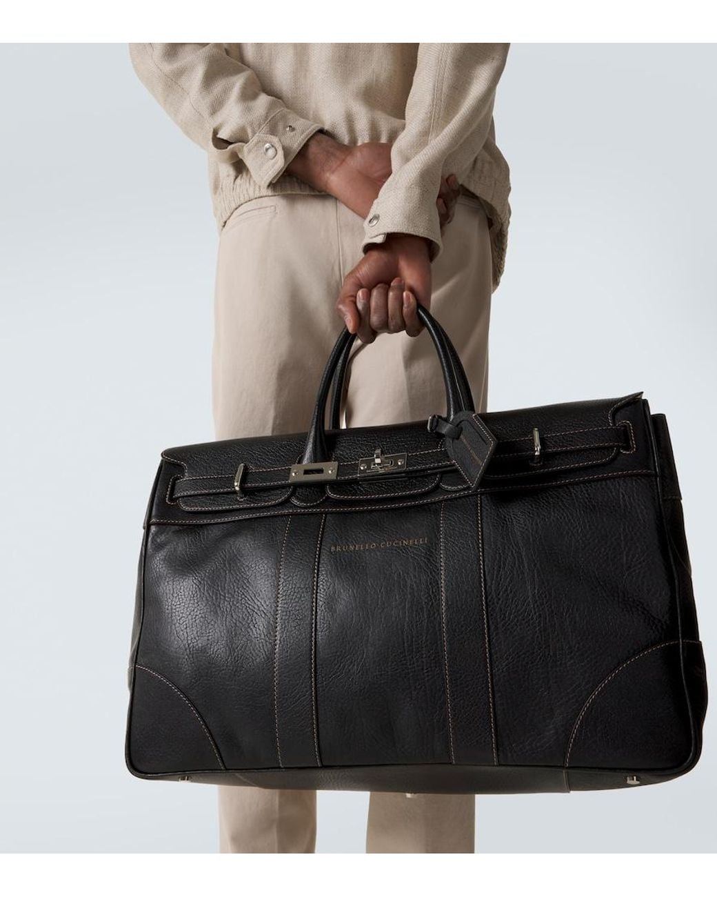 Brunello Cucinelli Black Leather Tote Bag for men