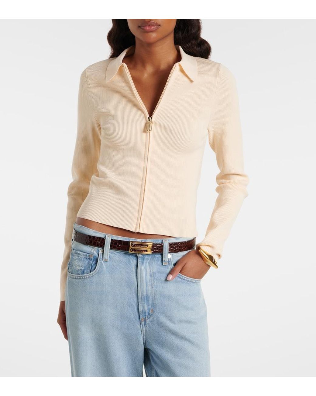Victoria Beckham Natural Mila Ribbed-Knit Zip-Up Top
