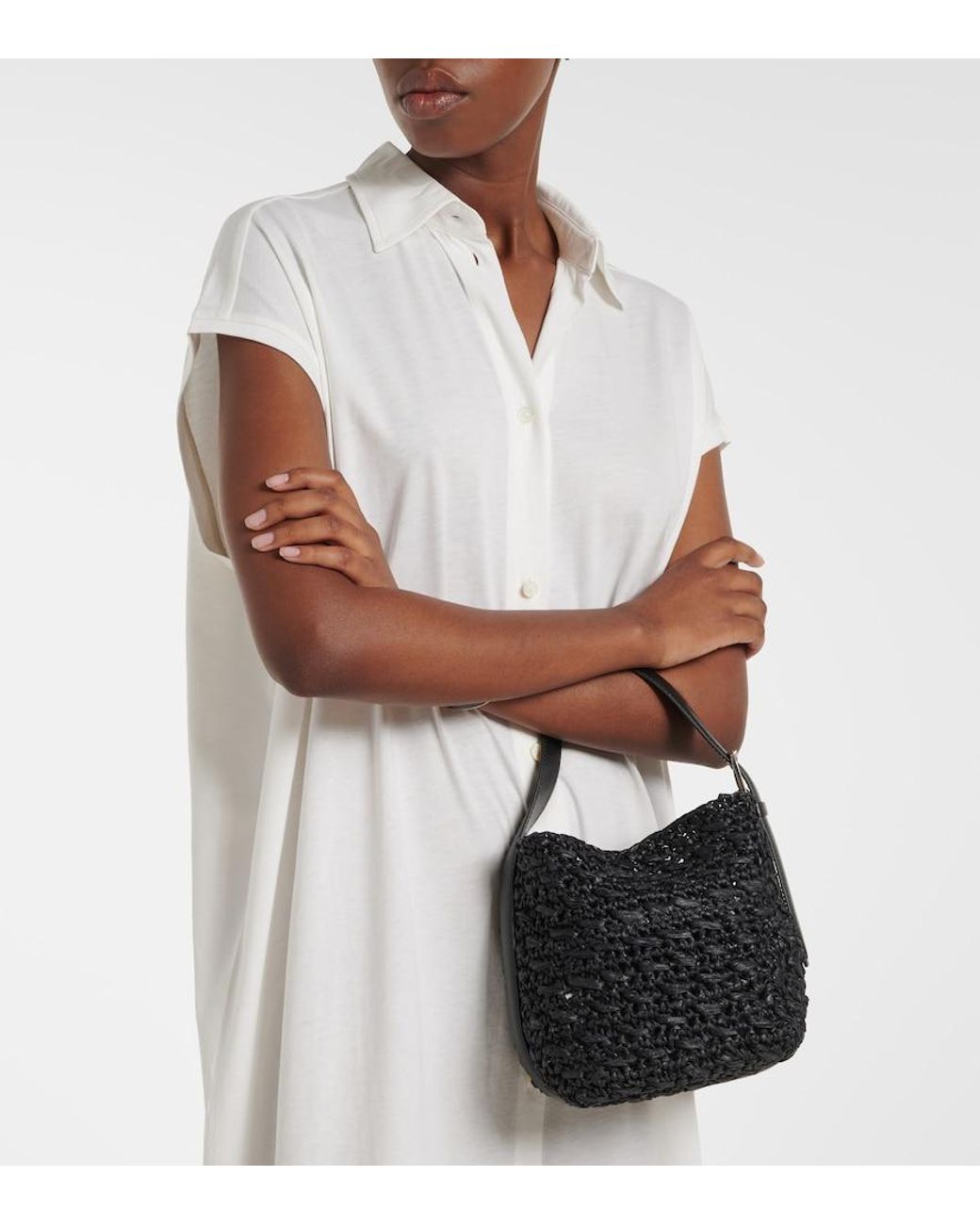 Totême Black Belted Small Raffia Top-Handle Bag